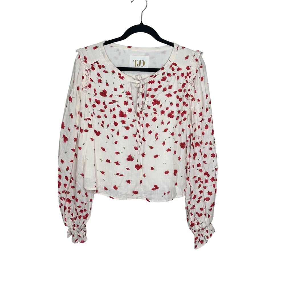 The Jetset Diaries White Red Floral Ruffle Smocked Peasant Blouse Top Womens S